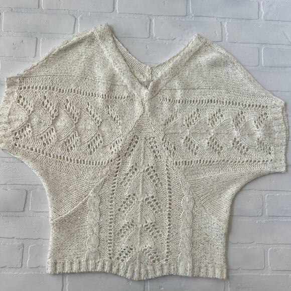 GB Women's Drop Shoulder Bat Wing Cream Sequin Knit Short Sleeve Sweater-L - Picture 3 of 7